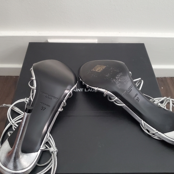 NIB SAINT LAURENT Robin 85 Metallic Argento Strappy High Heel Sandals sz 37 - Picture 10 of 12
